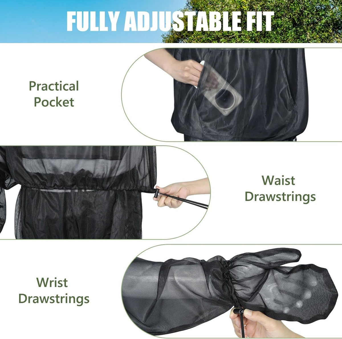 Unisex Outdoor Mosquito Jacket with Hood & Mitts Lightweight Mesh Bug-Proof