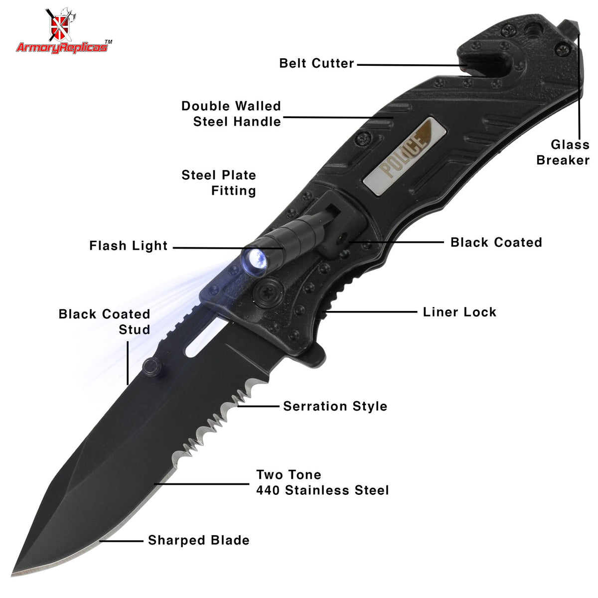 Emergency Tactical Knife with LED Light, Glass Breaker & Seat Belt Cutter