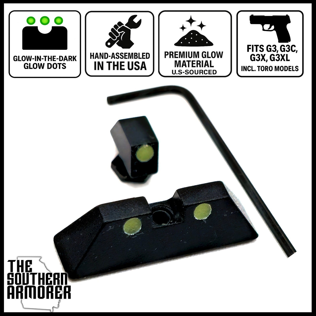 Glow-In-Dark Night Sights for Taurus G3 G3C G3X G3XL Toro Dovetail Front & Rear Set