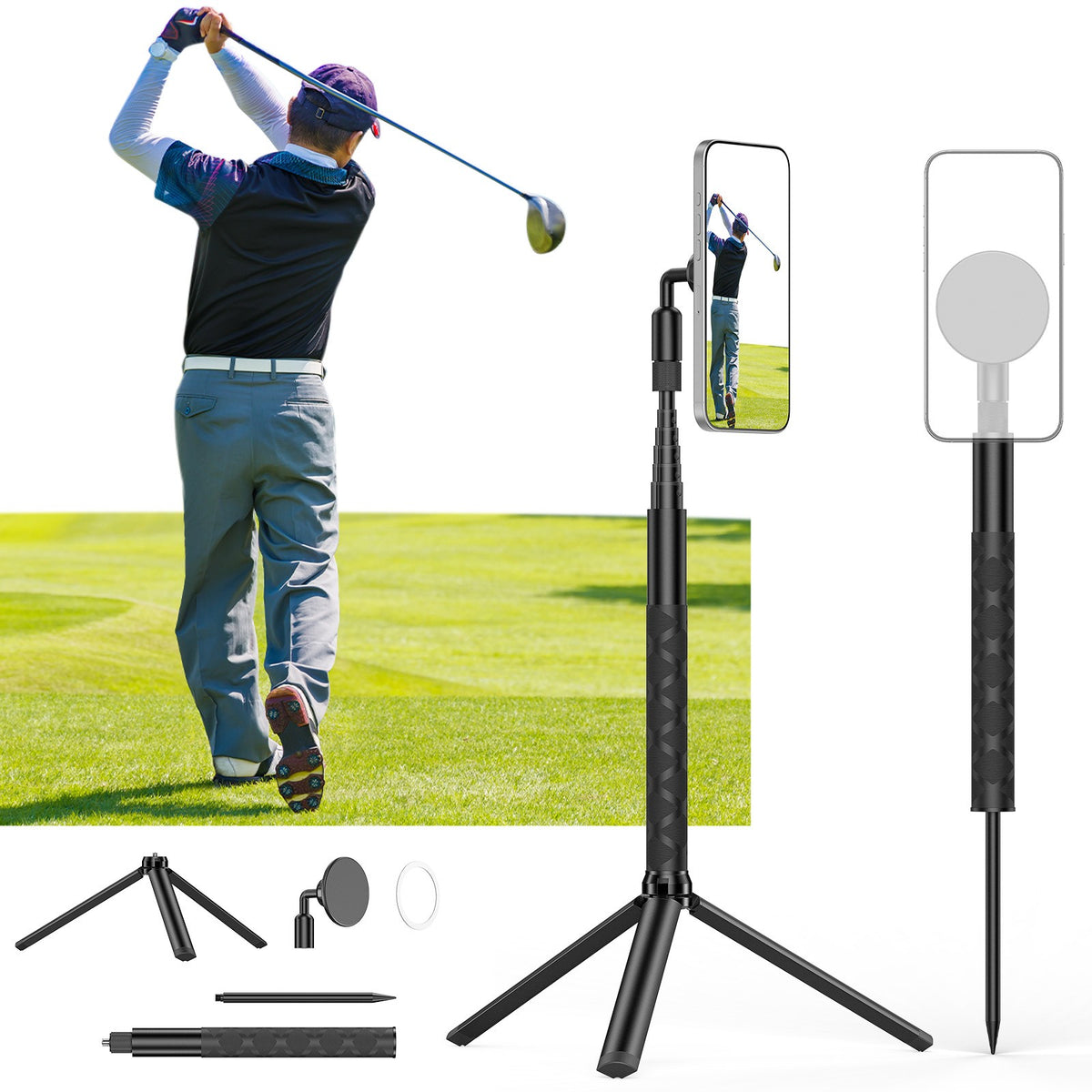 Golf Swing Training Aid Monopod Tripod Selfie Stick with Magnetic Phone Holder