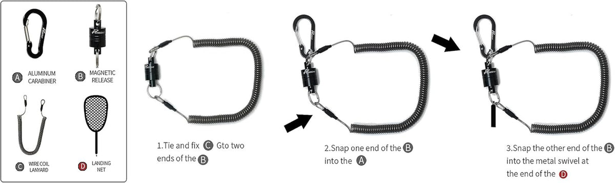 Magnetic Fly Fishing Net Release with Retractable Coiled Lanyard and Aluminum Carabiner