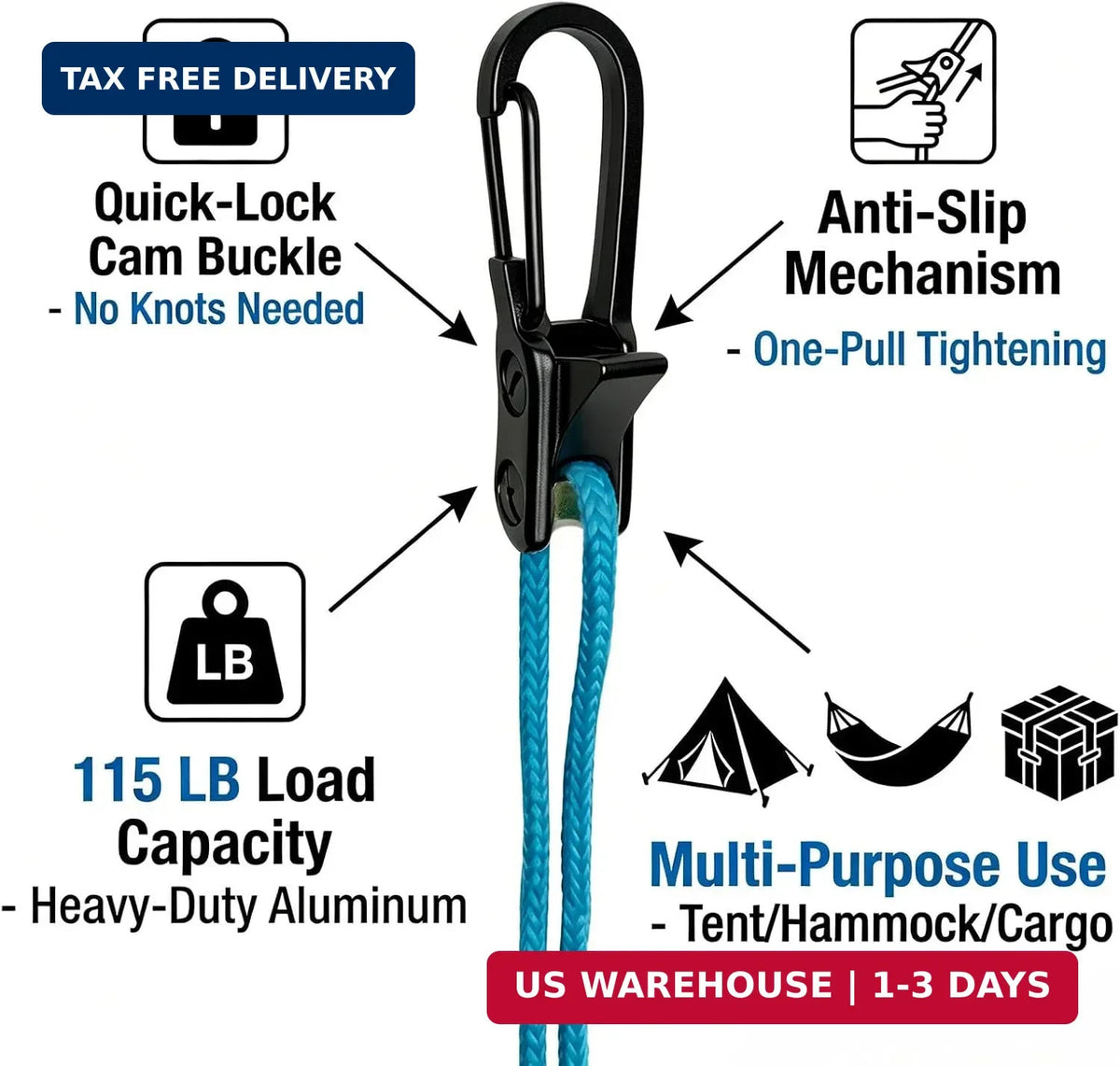 Heavy Duty Rope with Roller Tensioner Set - Secure Tie-Downs for Camping & Boating