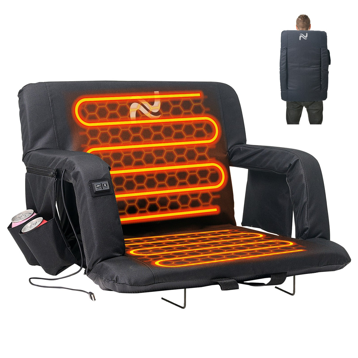 Heated Stadium Seat with Back Support - Adjustable Bleacher Chair, Waterproof 600D Oxford