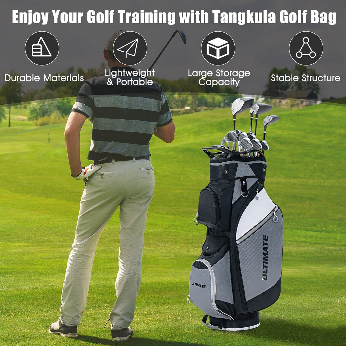 14-Way Golf Cart Stand Bag with Cooler Pocket Waterproof Rain Hood