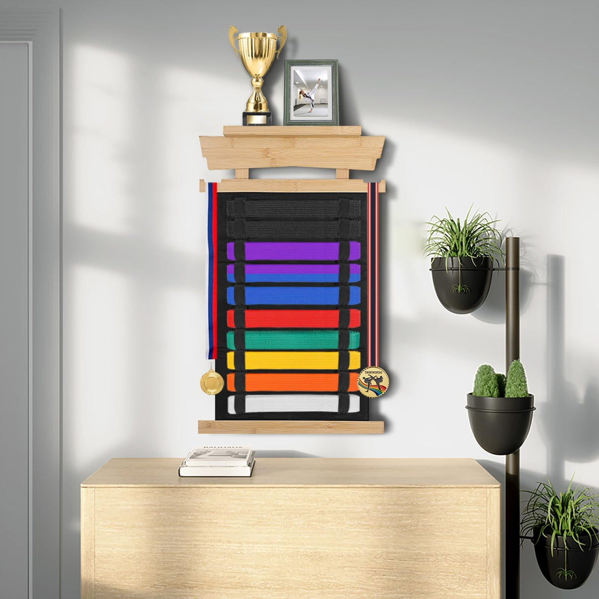 Karate Belt Display Rack with Trophy Holder and Personalized Stickers - Wooden