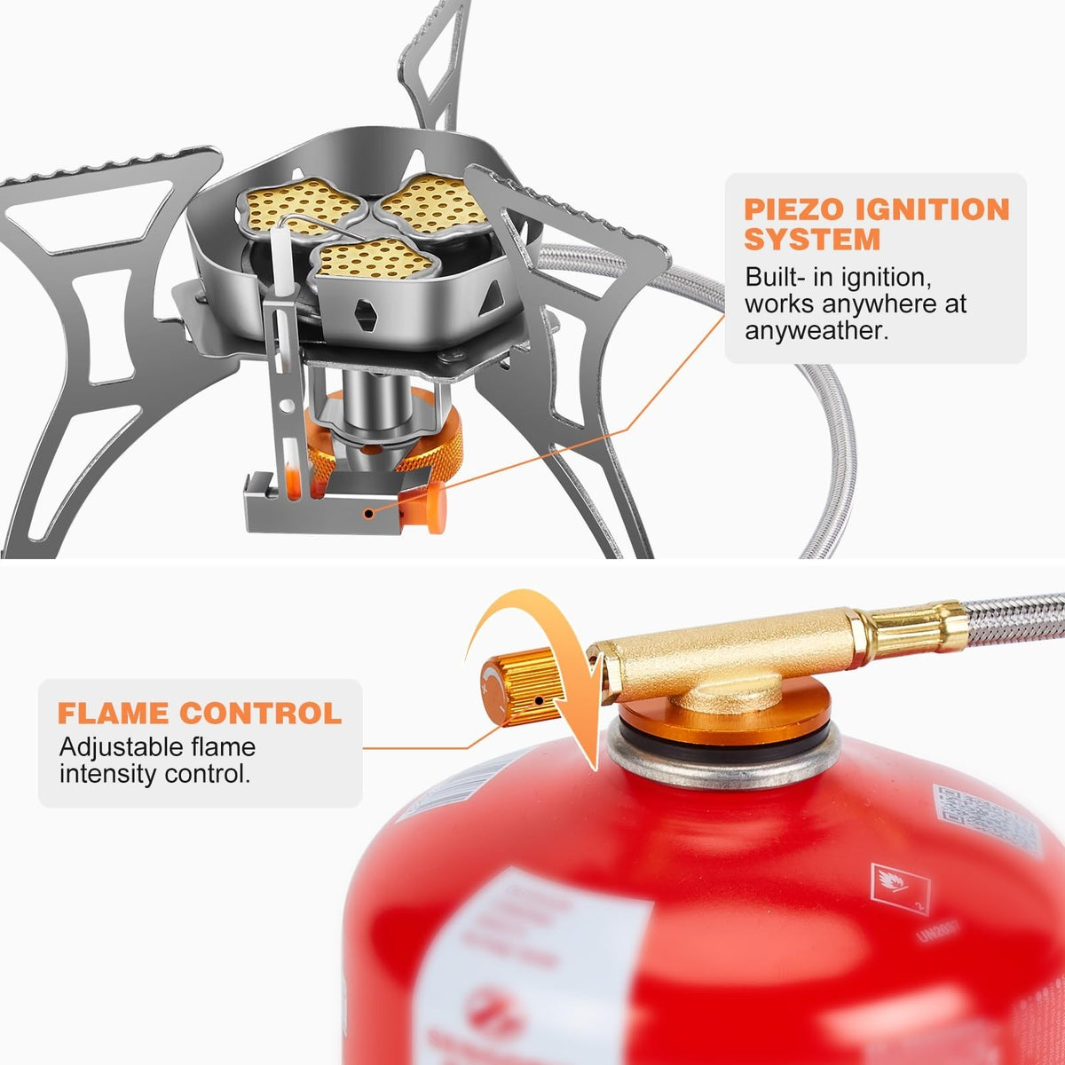 6800W Windproof Camping Stove with Piezo Ignition & Fuel Canister Adapter