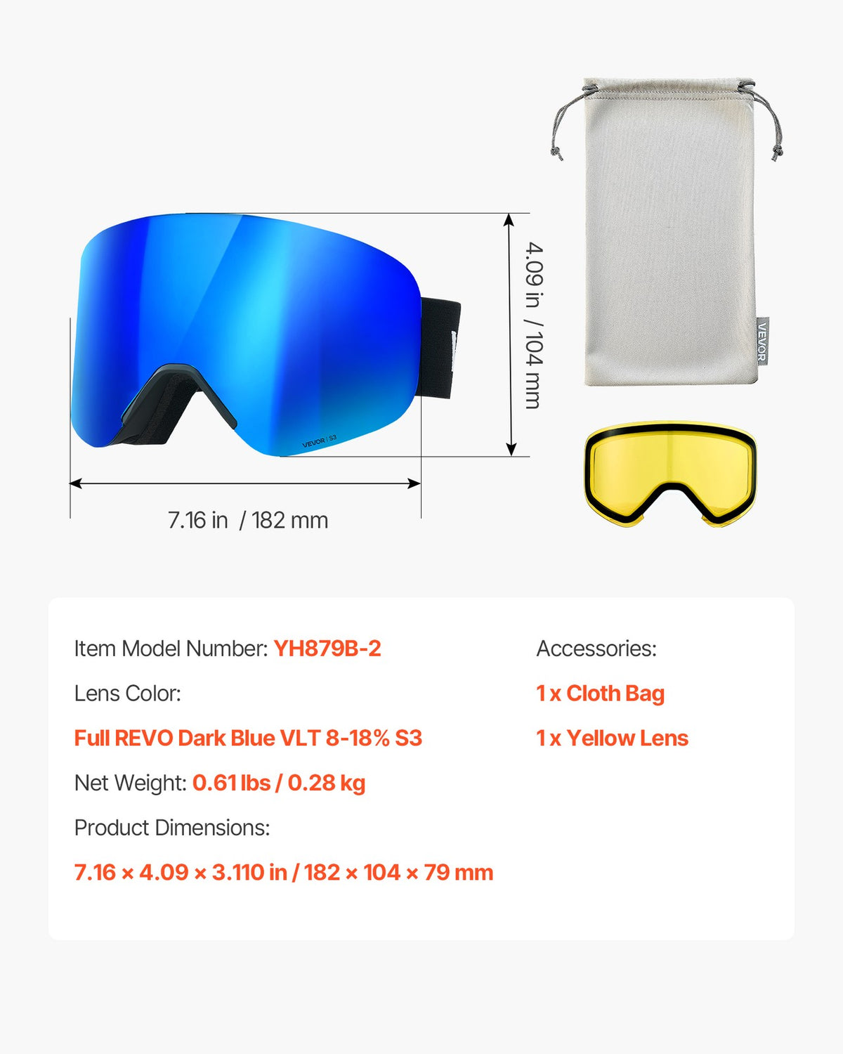 Magnet Cylindrical Ski Goggles Dark Blue Revo Coating Snow Goggles