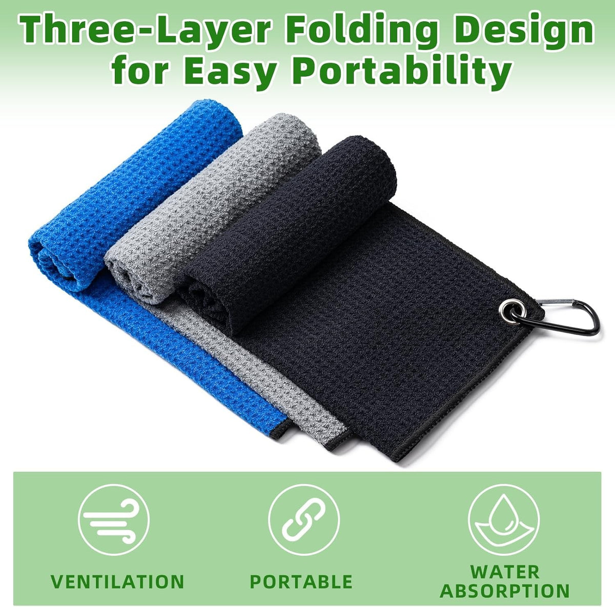 Golf Towels 3 Pack with Carabiner Clip - Microfiber Waffle Design 16x16 Inches