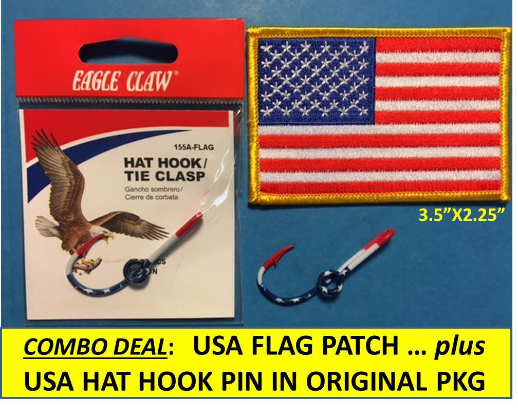 USA Flag Fish Hook Hat Pin with Embroidered Patch - Fishing Gift