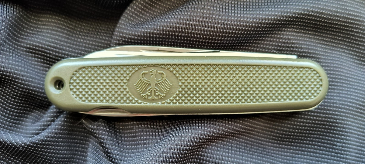 German Military Folding Pocket Knife with 5 Tools and Olive Drab Handle