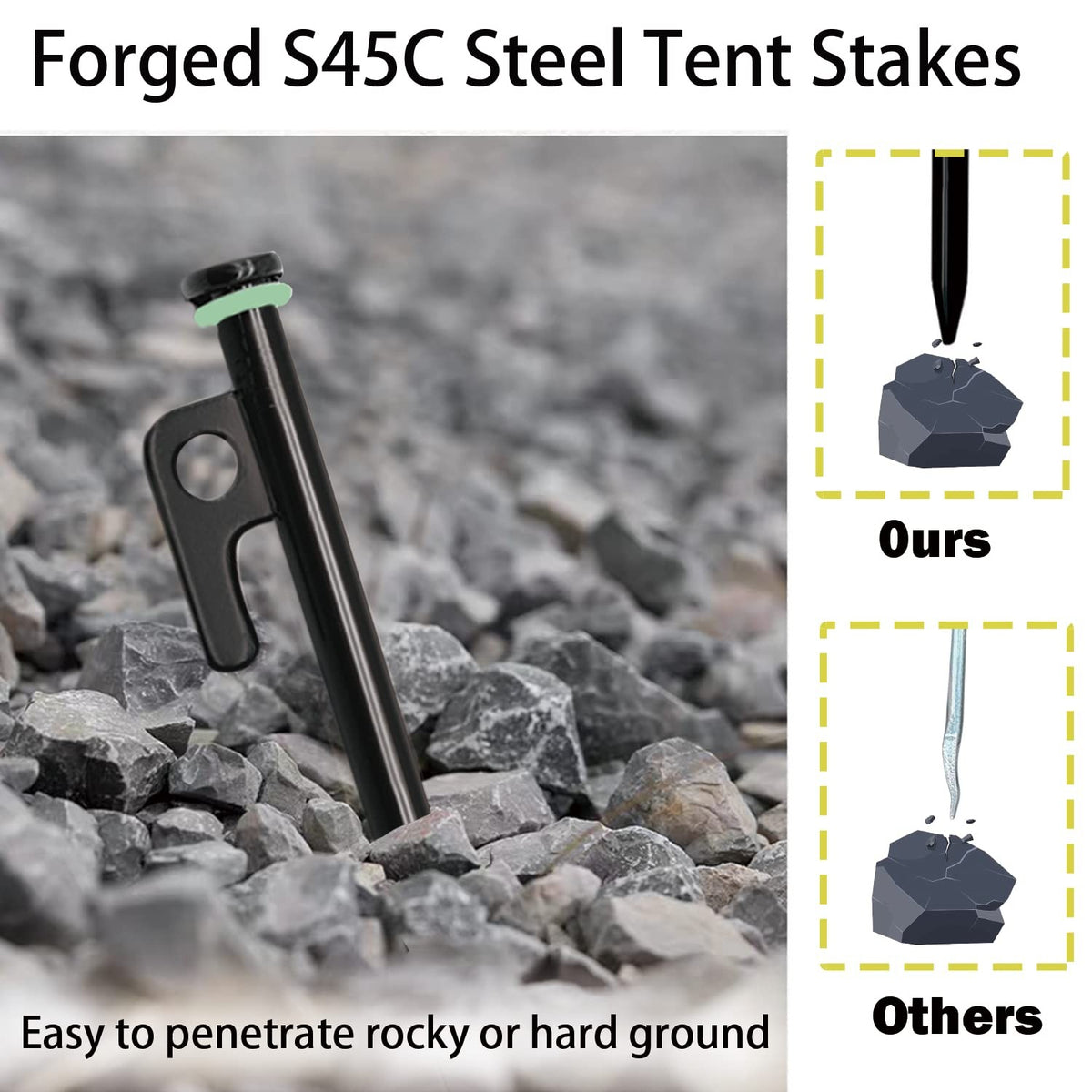 Heavy Duty Tent Stakes with Hammer - 10 Inch Steel Stakes for Camping (12 Pack)