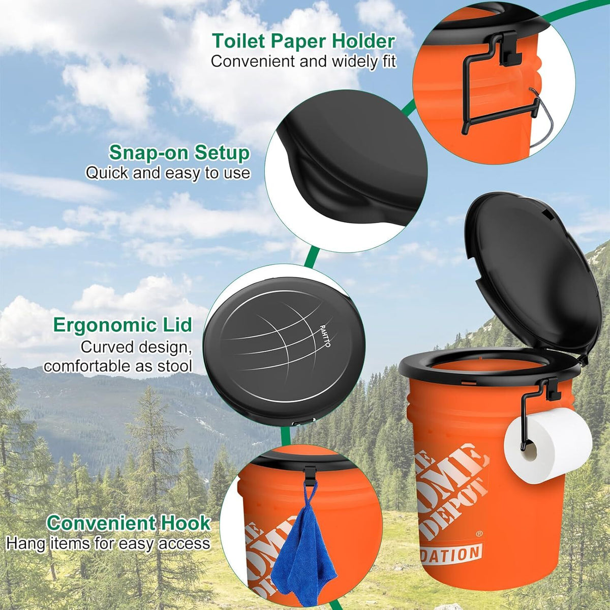 Portable Camping Toilet Seat for 5 Gallon Buckets with Lid and Paper Holder