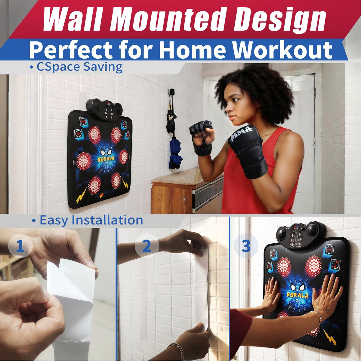 Smart Music Boxing Machine with Gloves, Wall Mounted, 10 Modes, Black