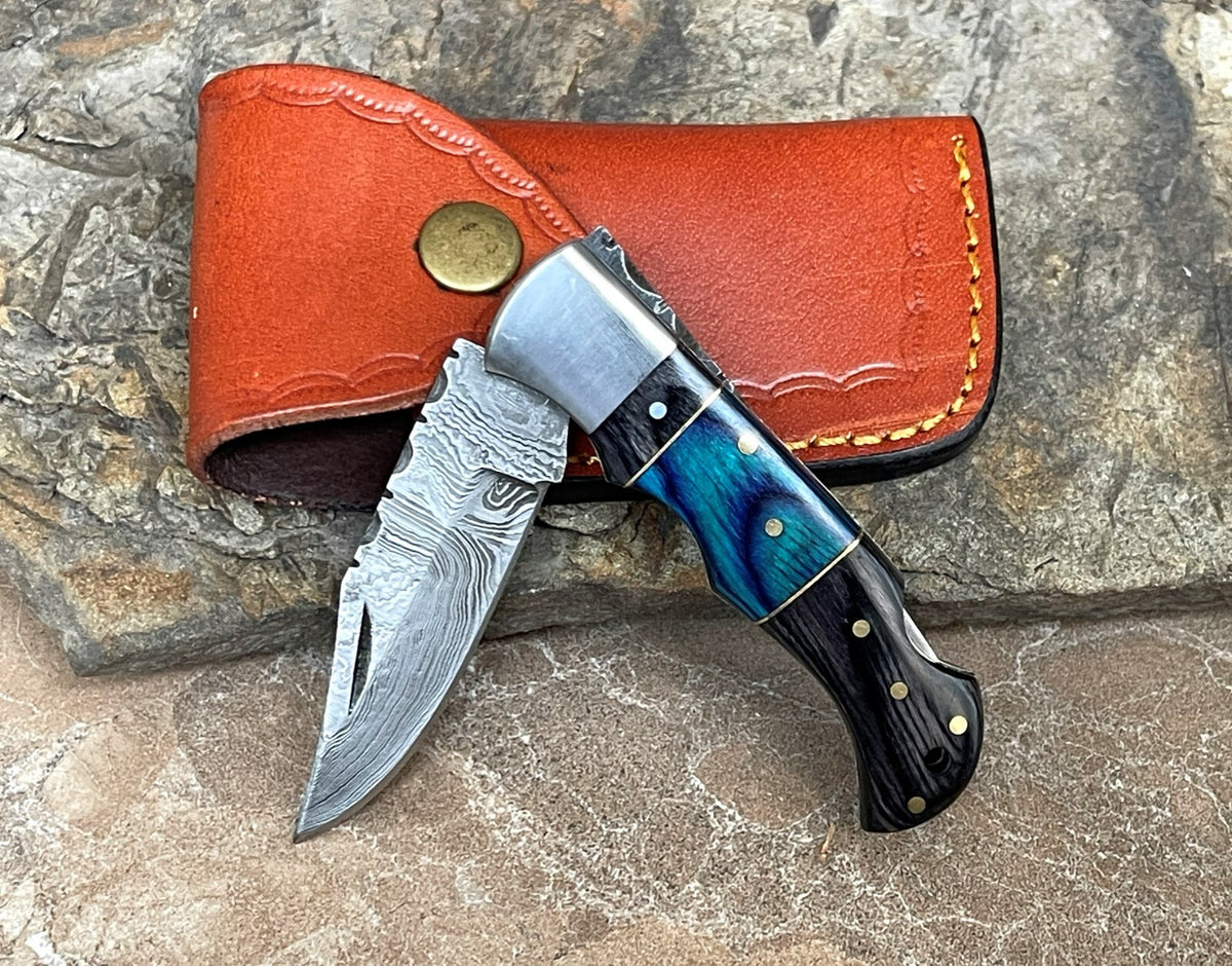 Handmade Damascus Folding Knife with Multiple Color Variants