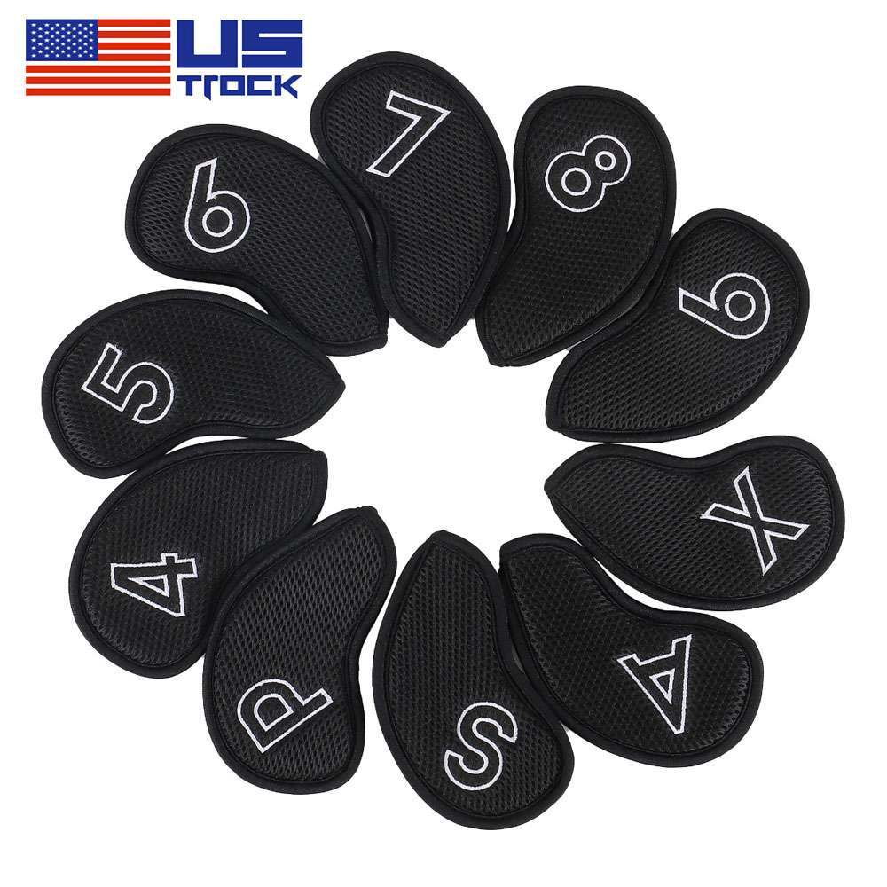 10-Pack Golf Club Head Covers Set - Mesh Cotton Padded Irons Black