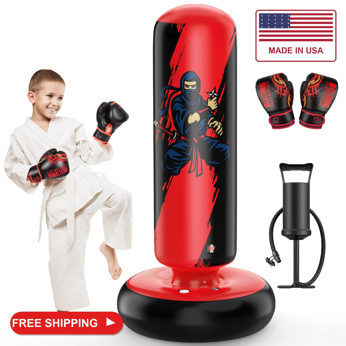 Kids Inflatable Punching Bag with Boxing Gloves - 66 inches Red