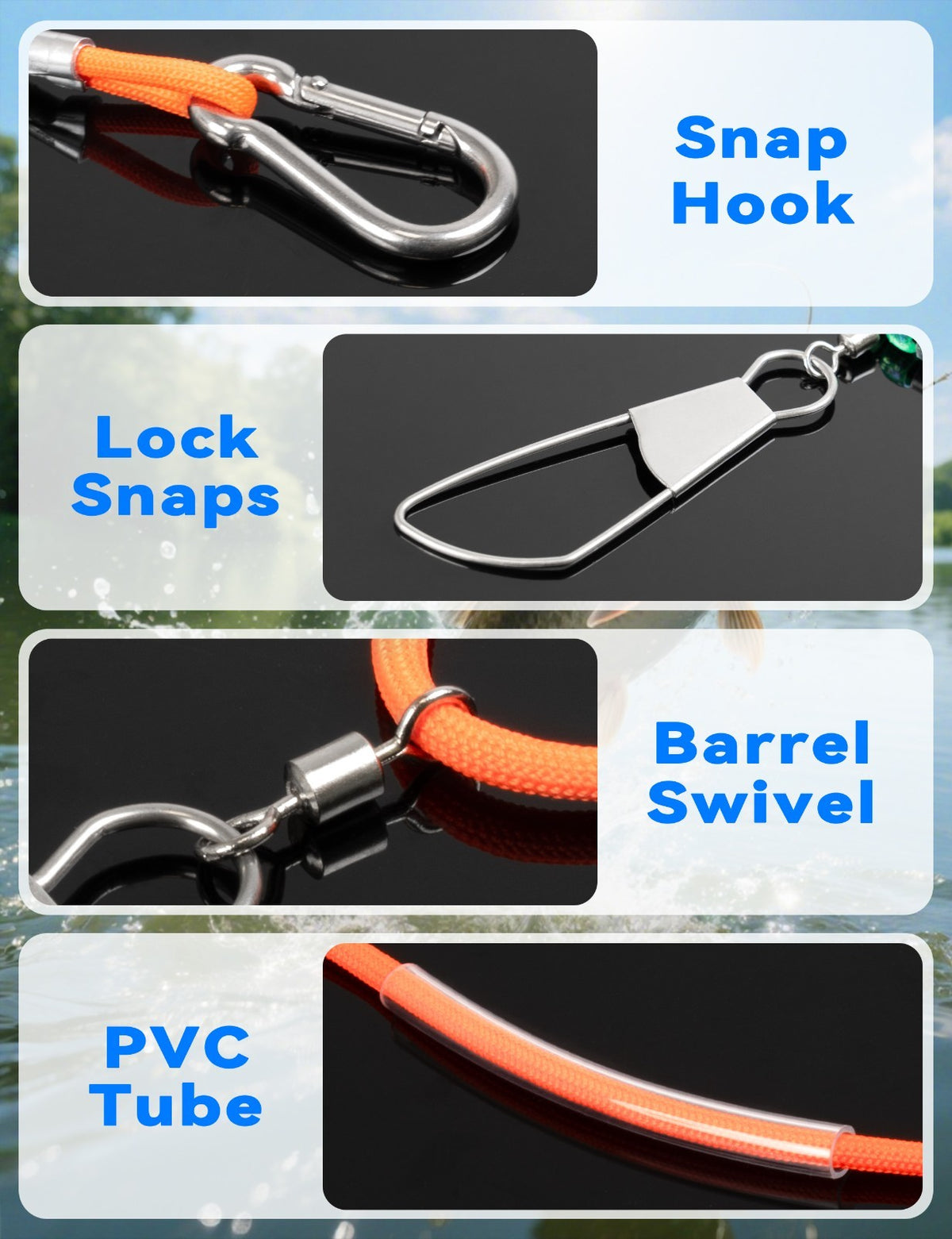 8ft Fishing Stringer with Stainless Steel Lock Snaps for Catch Organization