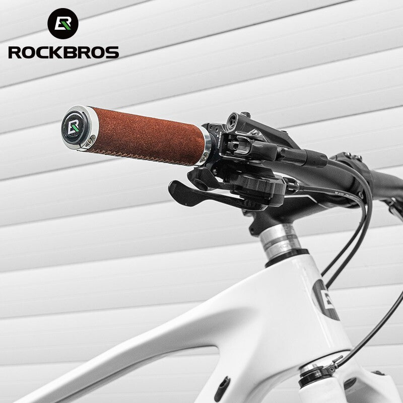 Leather Bicycle Handlebar Grips with Locking Ring Shock Absorption Anti-Slip Brown 13cm