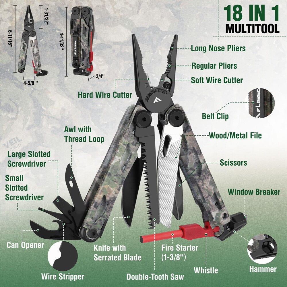 18-in-1 Camping Multitool Pliers with Fire Starter & Whistle, Camo