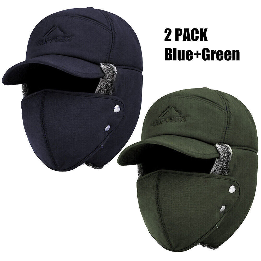Winter Trapper Hat with Faux Fur Ear Flaps and Removable Face Mask - Windproof & Waterproof