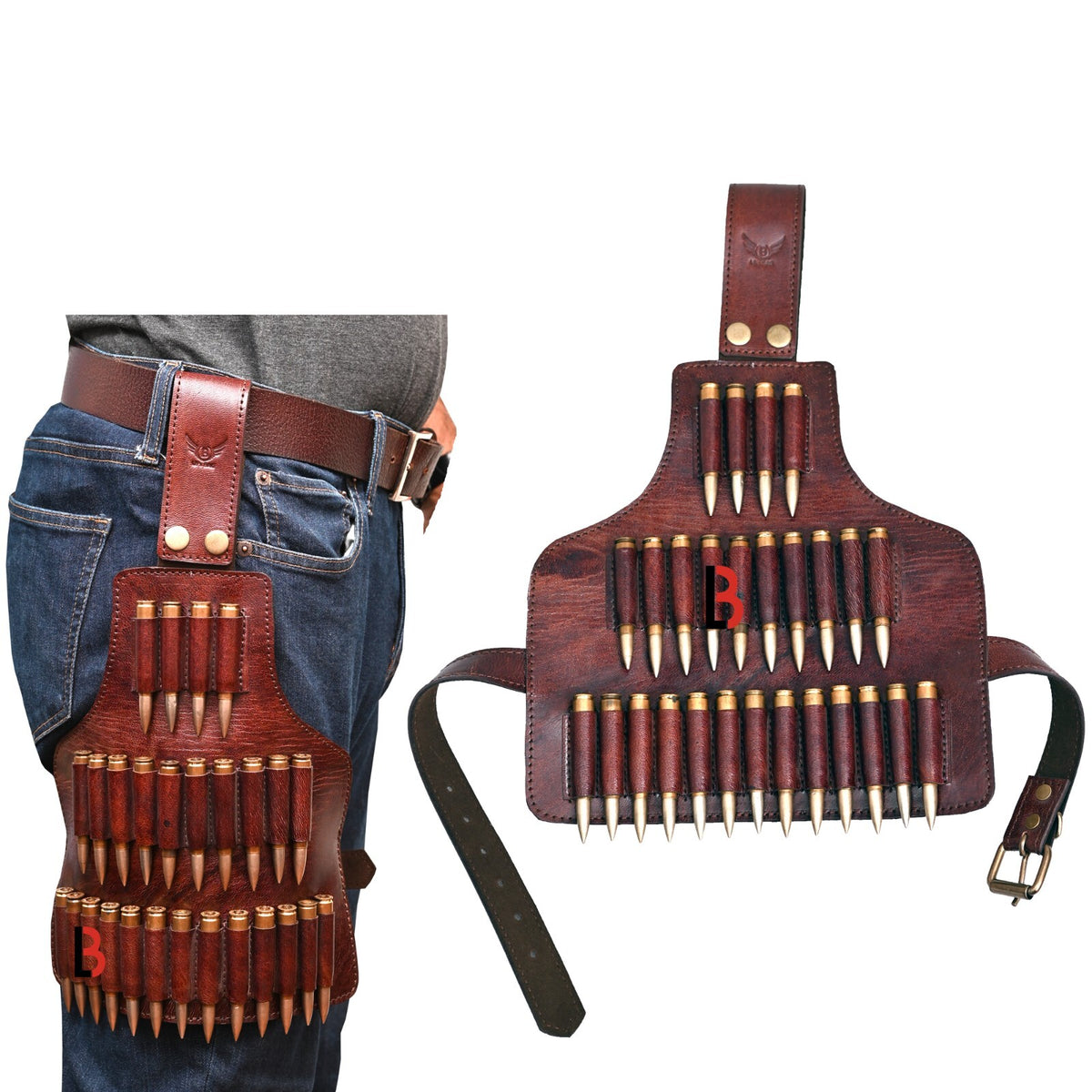 Cowhide Leather Rifle Shell Cartridge Belt for Hunting - Adjustable & Durable