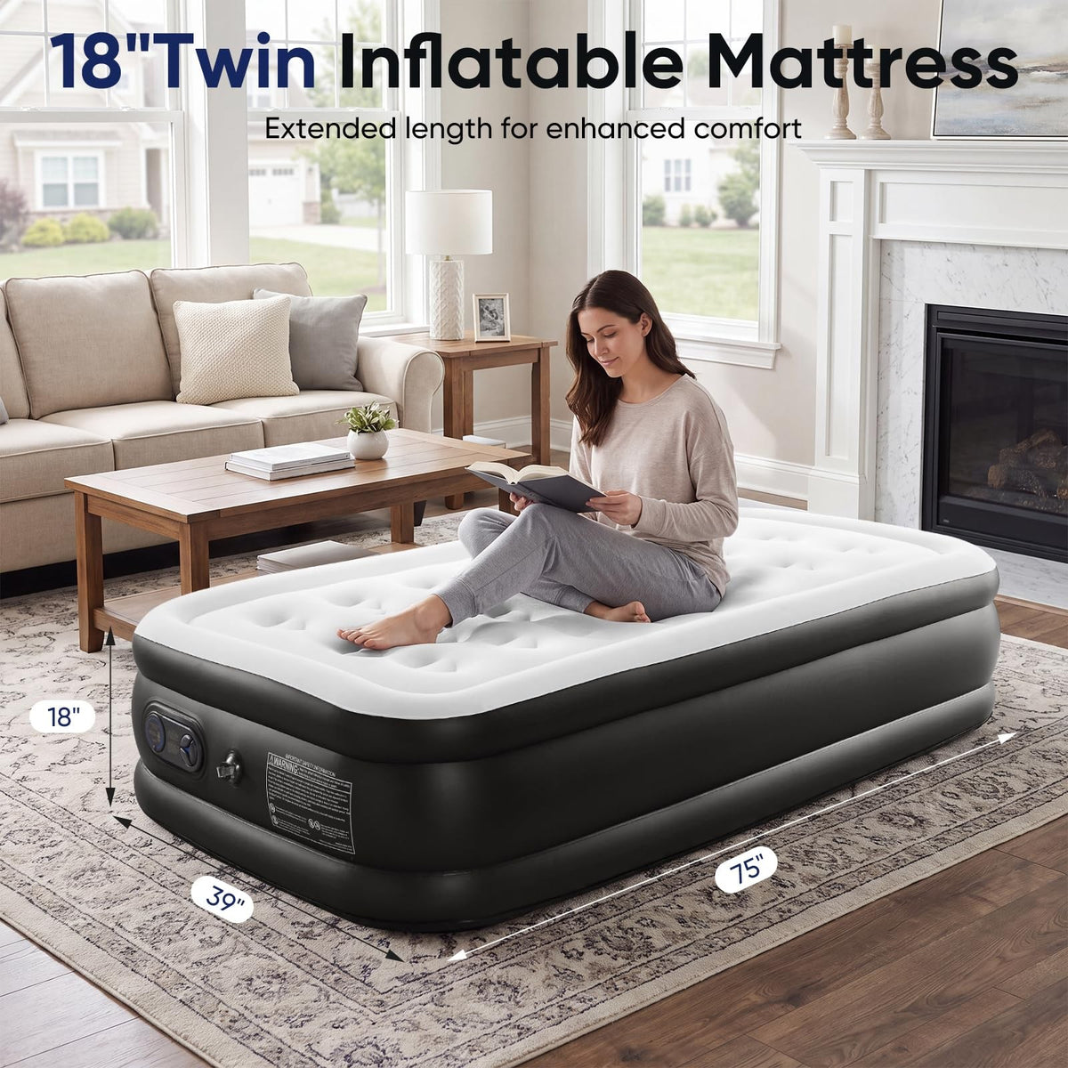 18-Inch Twin Air Mattress with Built-In Pump, Flocking Top, White