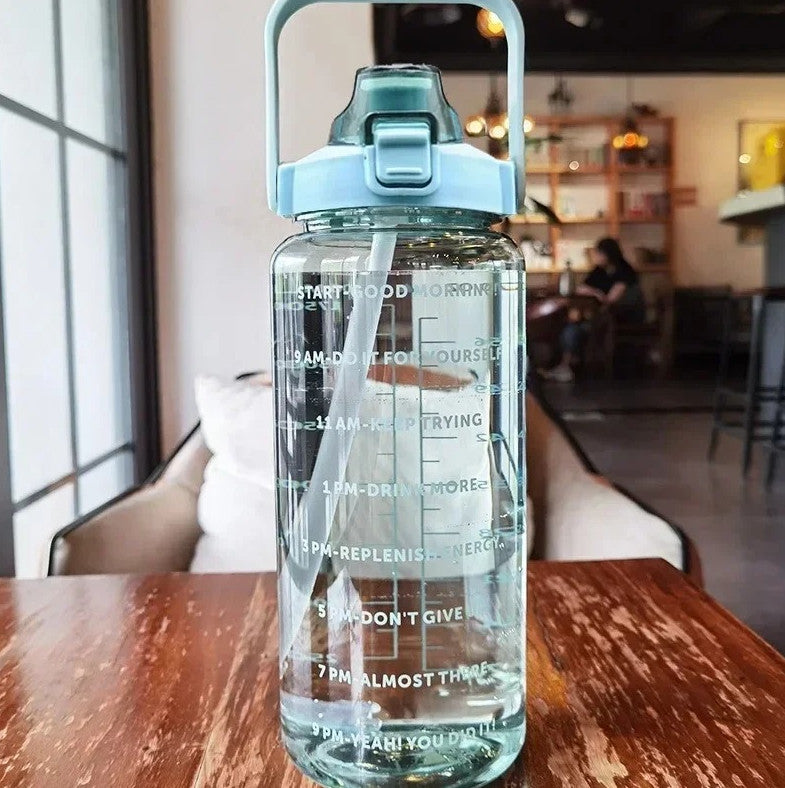 Large 2L Portable Water Bottle with Straw & Time Marker for Fitness & Outdoors