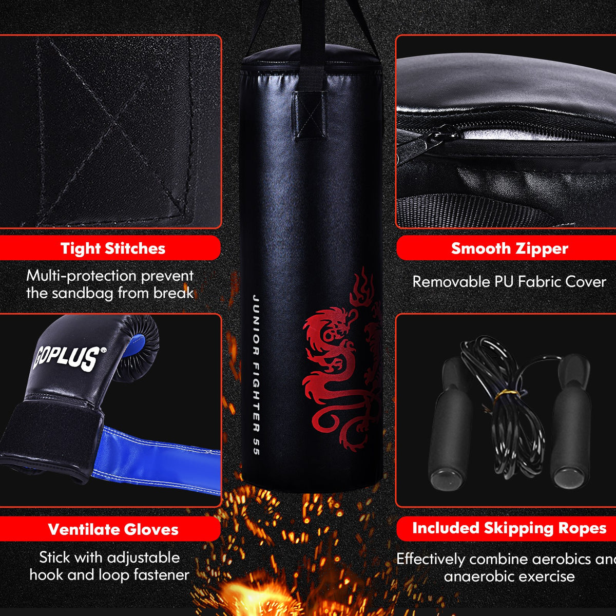 40 Lbs Boxing Sandbag with Gloves Set for Kids - Fitness Martial Arts Equipment