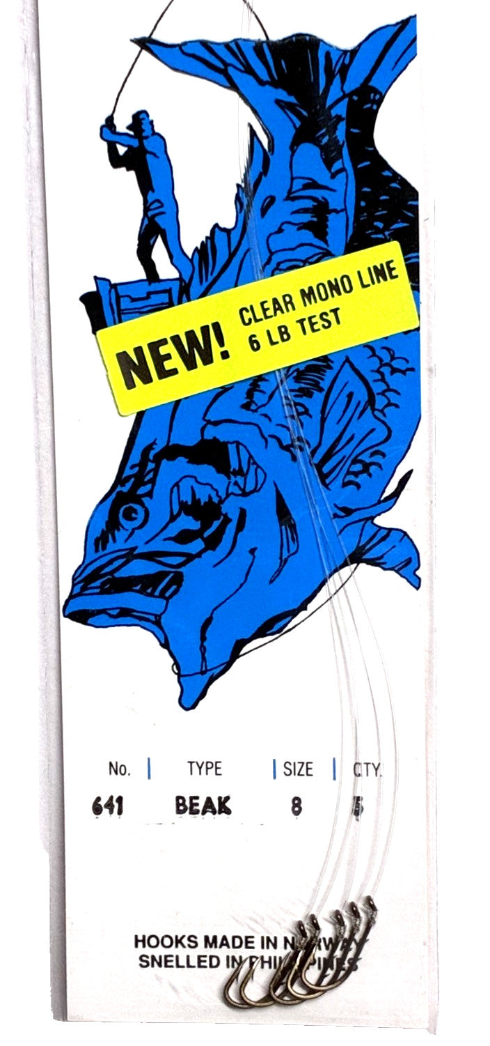 Fishing Hooks Set - Size 8 Snelled Beak Hooks with Clear Nylon 4-Pack