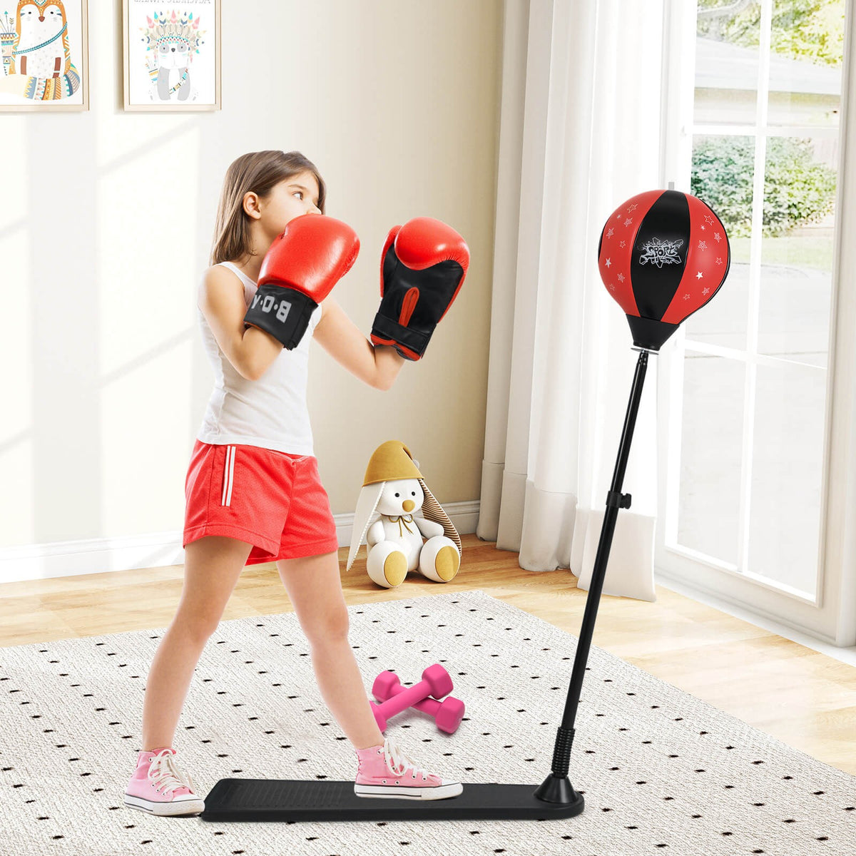 Kids Punching Bag Set with Gloves Adjustable Height Boxing Gear for Children