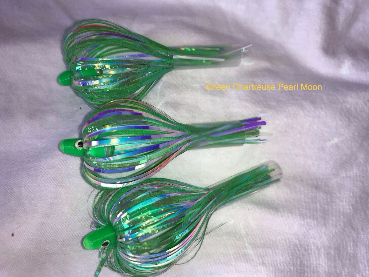 Salmon Trolling Flies Pack of 3 - Unrigged 4 Inch Green Chartreuse Pearl