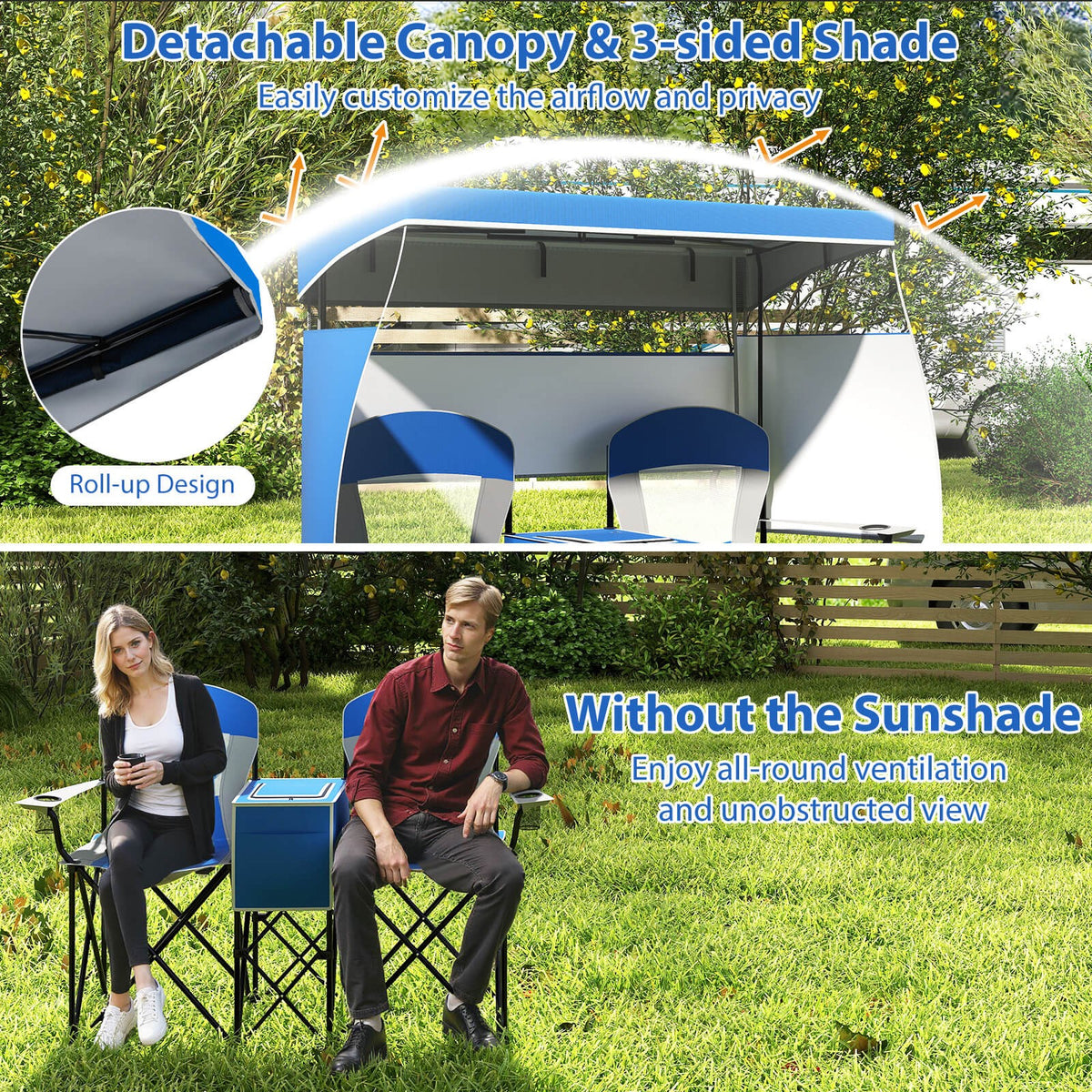 Double Beach Chair with Adjustable Canopy Oversized Folding Camping Chair Navy