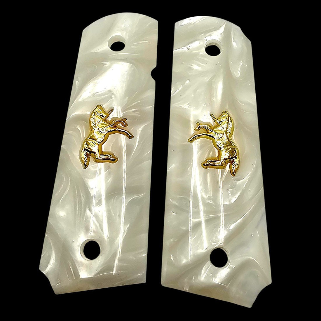 Full Size White Pearl 1911 Grips with Gold Colt Horse Emblem & Screws