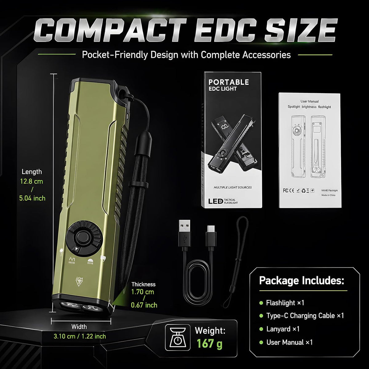 Rechargeable 3-in-1 LED Flashlight with UV and Green Light - Waterproof Portable Work Light