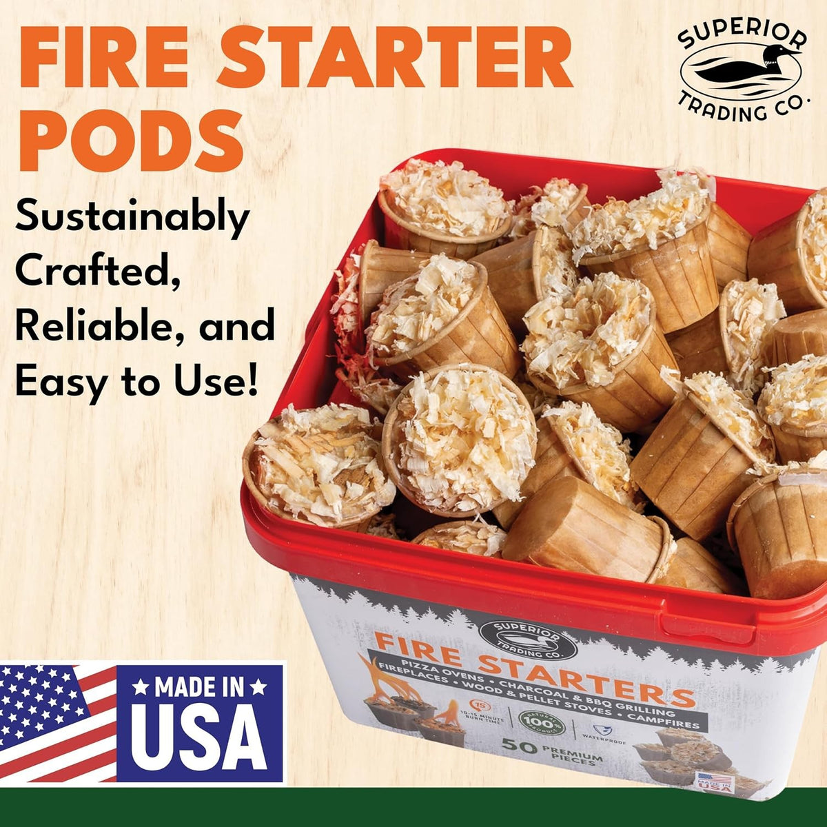 Fire Starter Pods in Plastic Bucket for Campfires BBQ Grills & Fireplaces