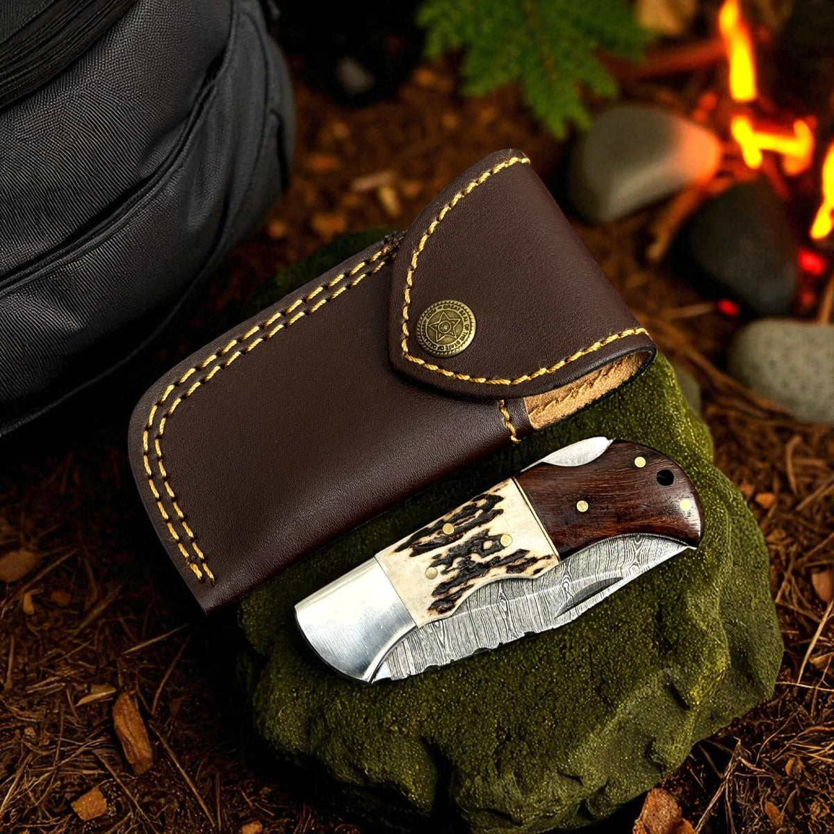 Personalized Damascus Folding Knife with Stag Antler and Rosewood Handle - Custom Engraving Gift