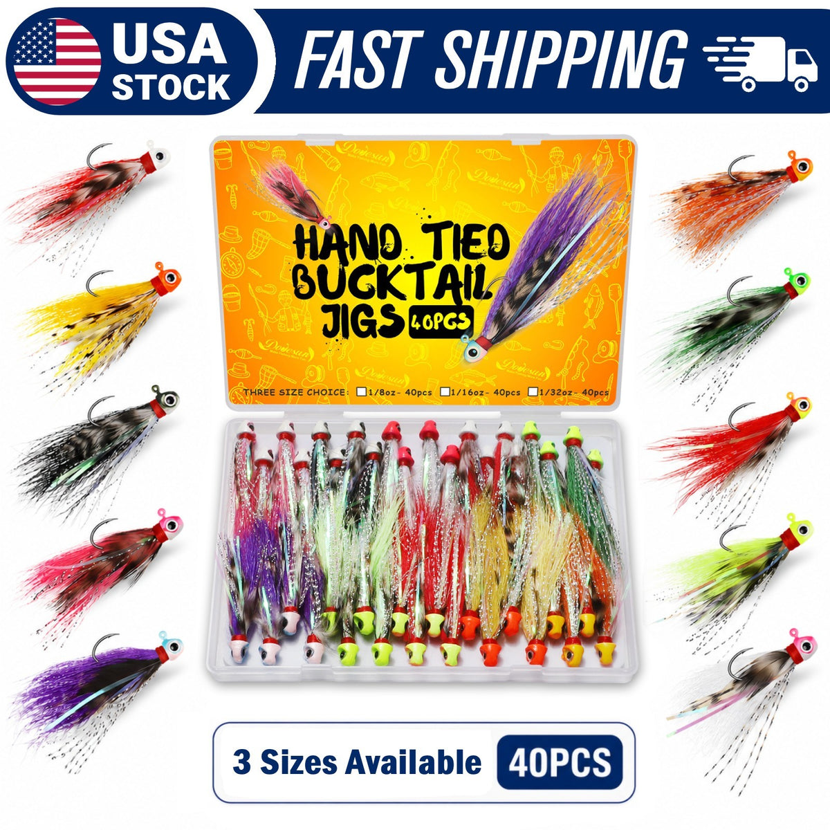 40PCS Fishing Jigs Kit - Hand-Tied Crappie Bucktail Hair Lures with 3D Eyes and V-Style Hooks