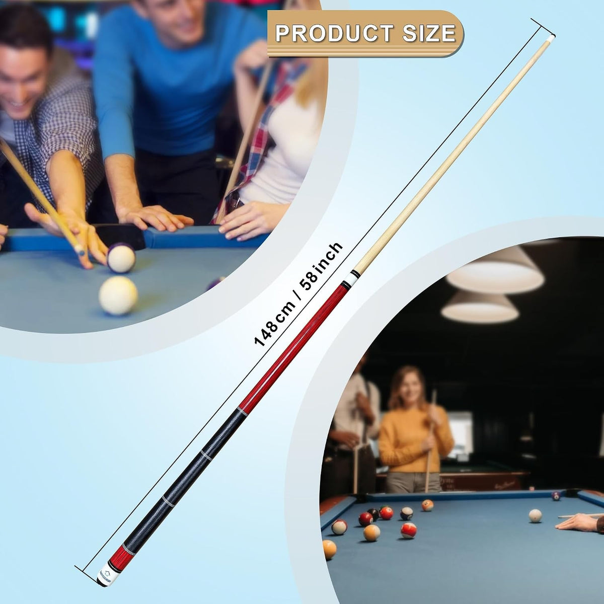 58in Pool Cue Stick Canadian Maple 13mm Tip 20oz with 2-Piece Design