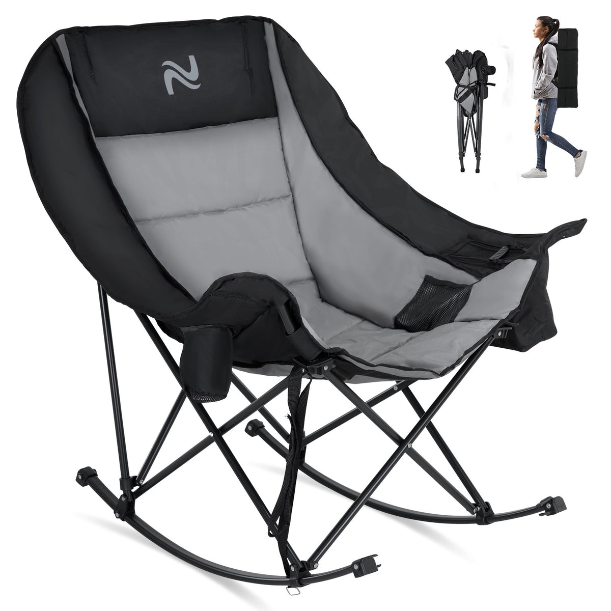 Oversized Folding Rocking Camping Chair with Cooler Bag and Side Pocket