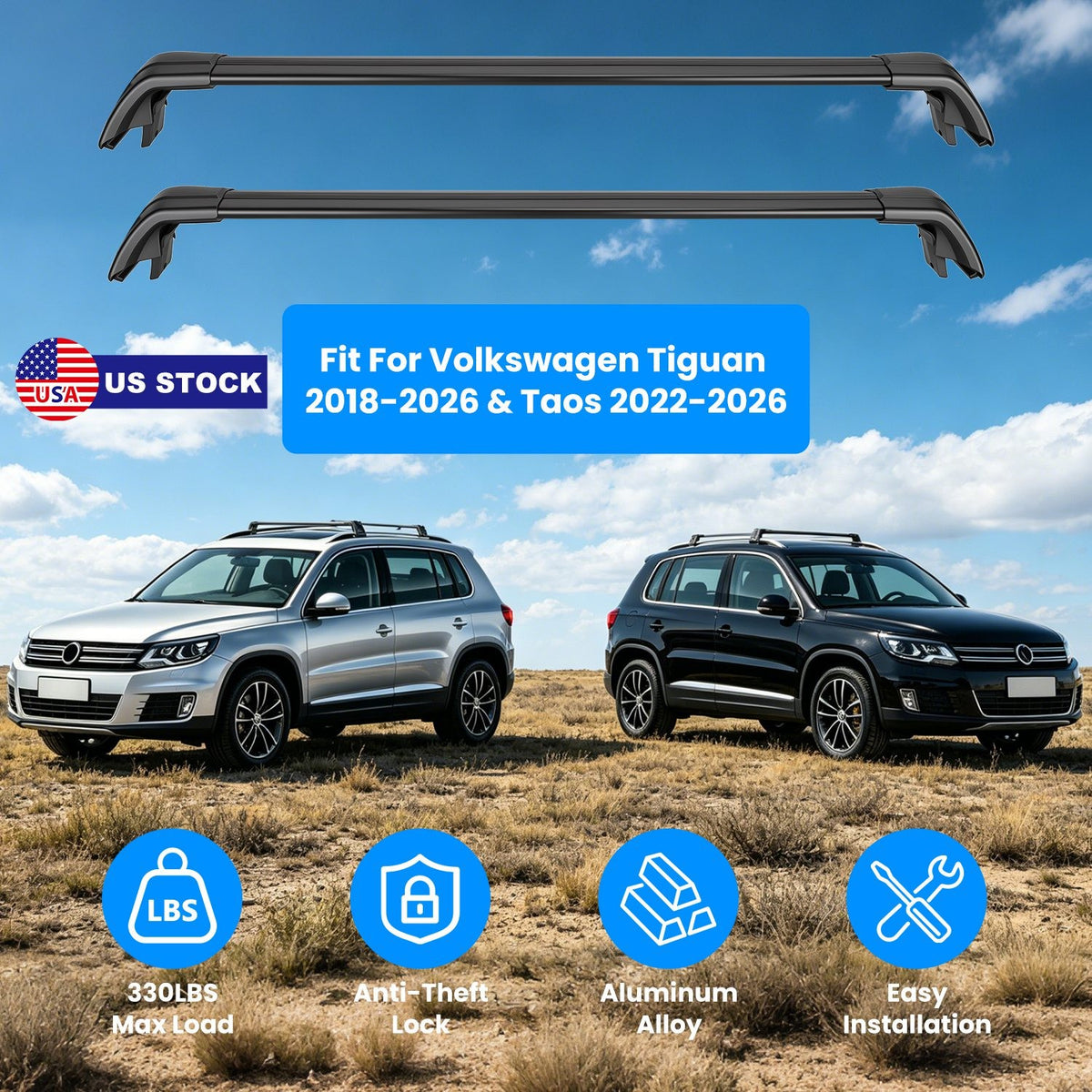 Roof Rack Cross Bars for Volkswagen Tiguan & Taos 2018-2026 - Heavy Duty Aluminum