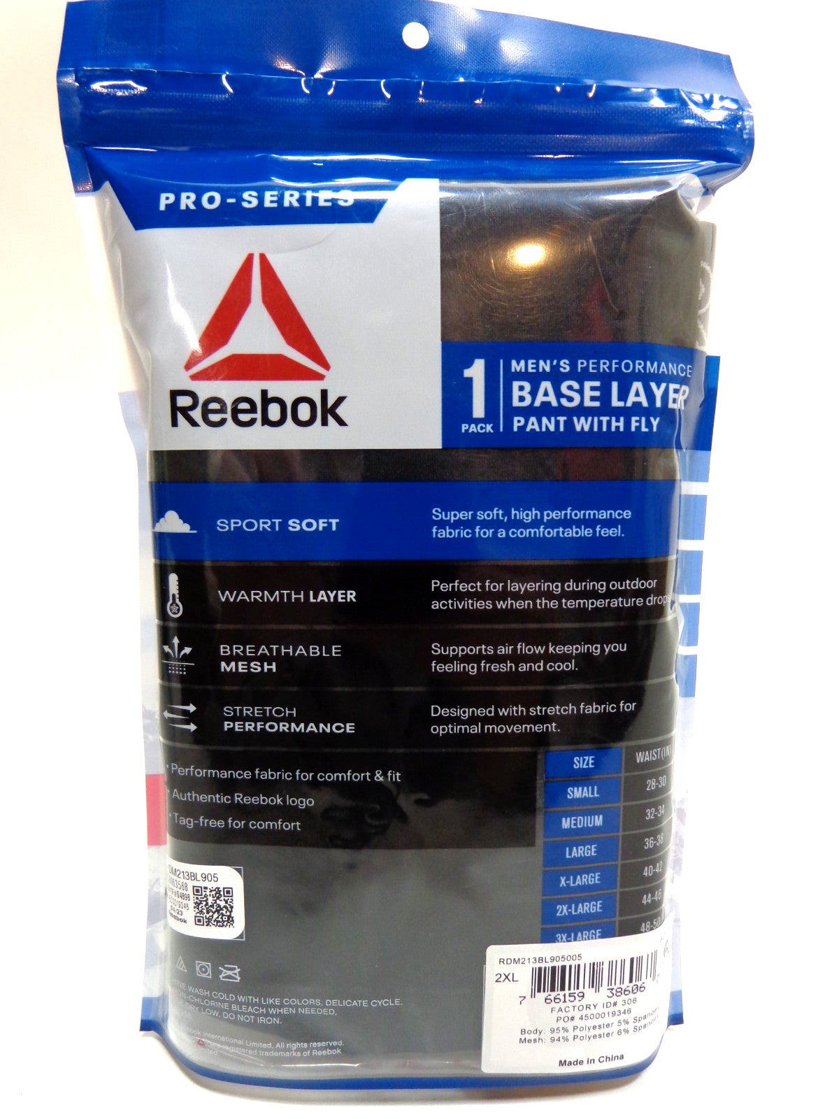 Reebok Men's Base Layer Pants with Fly - Pro-Series Black Mesh 2XL