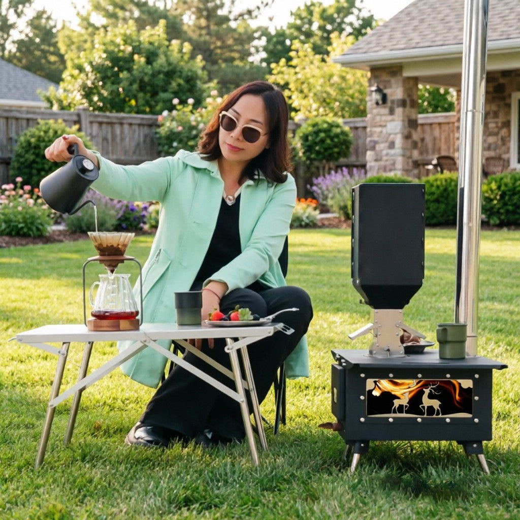 Foldable Camping Wood Stove with Chimney & Accessories - Portable Outdoor Heater & Cooker