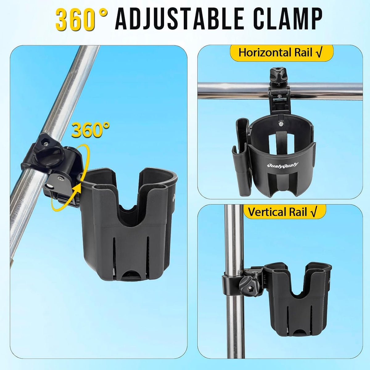 Marine Boat Rail Cup Holders 2 Pack Clamp-On 360° Adjustable Drink Holders