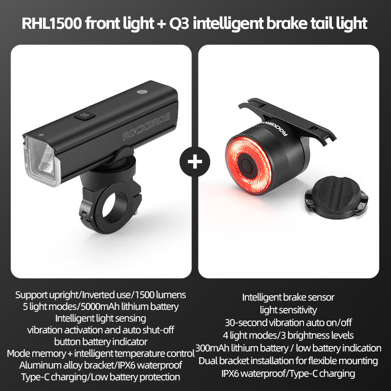 High Brightness Bike Front & Rear Light Set USB-C LED Headlight 1500LM