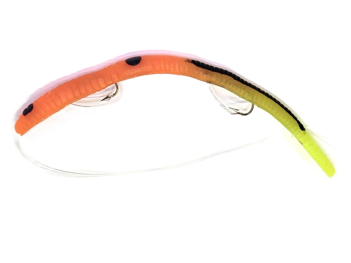 Pre-Rigged Bass Worms with Scented Crawler Baits - 12 Pack, Orange & Chartreuse