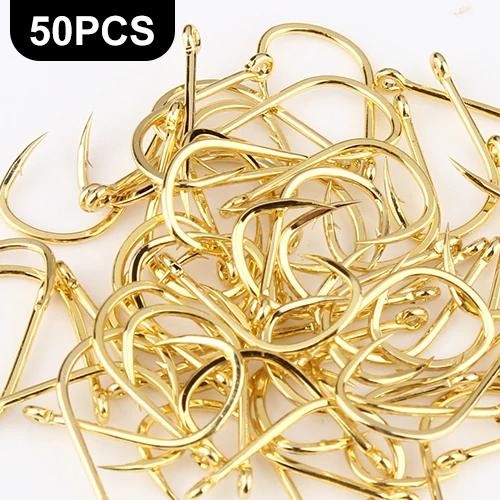 50-100pcs Gold Fishing Hooks - High Carbon Steel, Barbed, Ringed Eye, Multiple Sizes