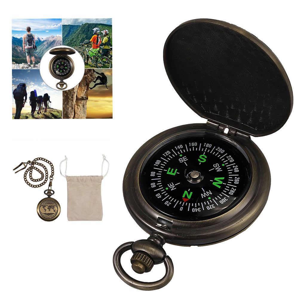 Outdoor Camping Hiking Brass Pocket Compass with Chain and Bag