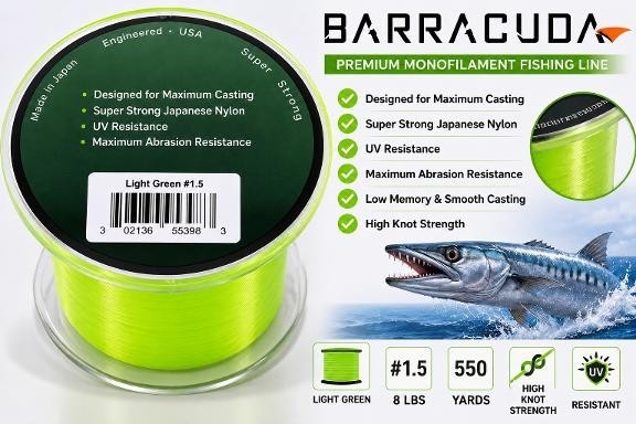 Super Strong Fishing Line 550yds Monofilament Light Green 8-28lb Varieties