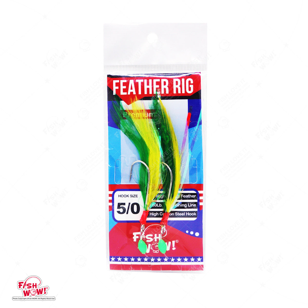 Fishing Rockfish Feather Rig 2-Hook Set - 5 Pack Random Colors