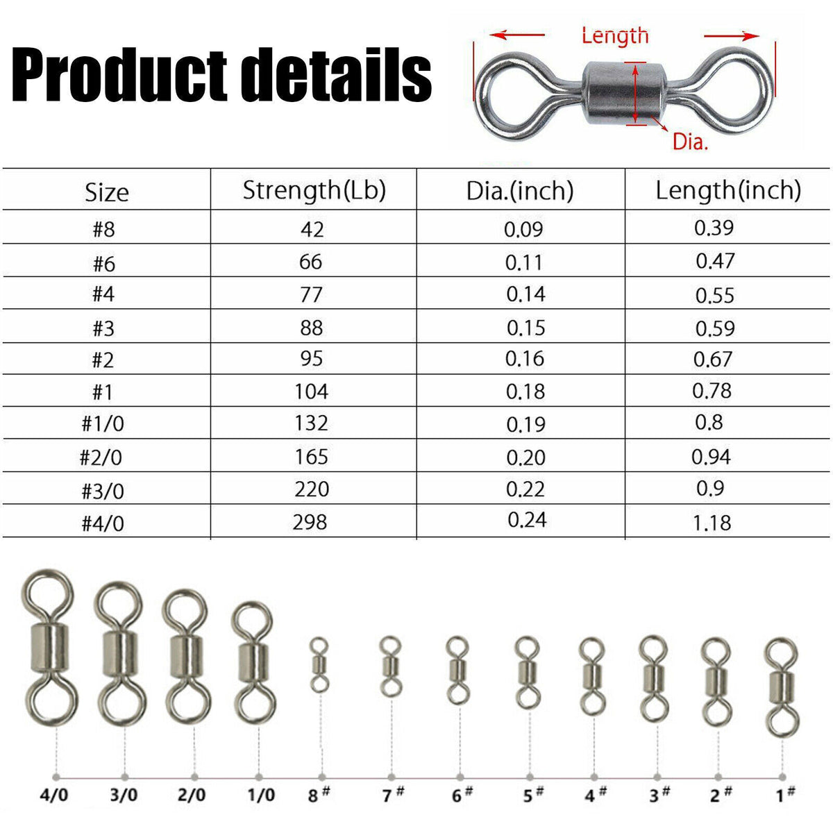 Fishing Swivels Assortment - 50 or 100 Pieces, Multiple Strengths & Sizes